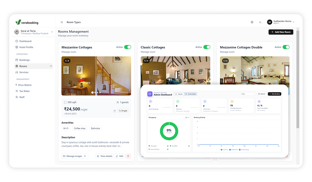 Verabooking rooms management and admin dashboard